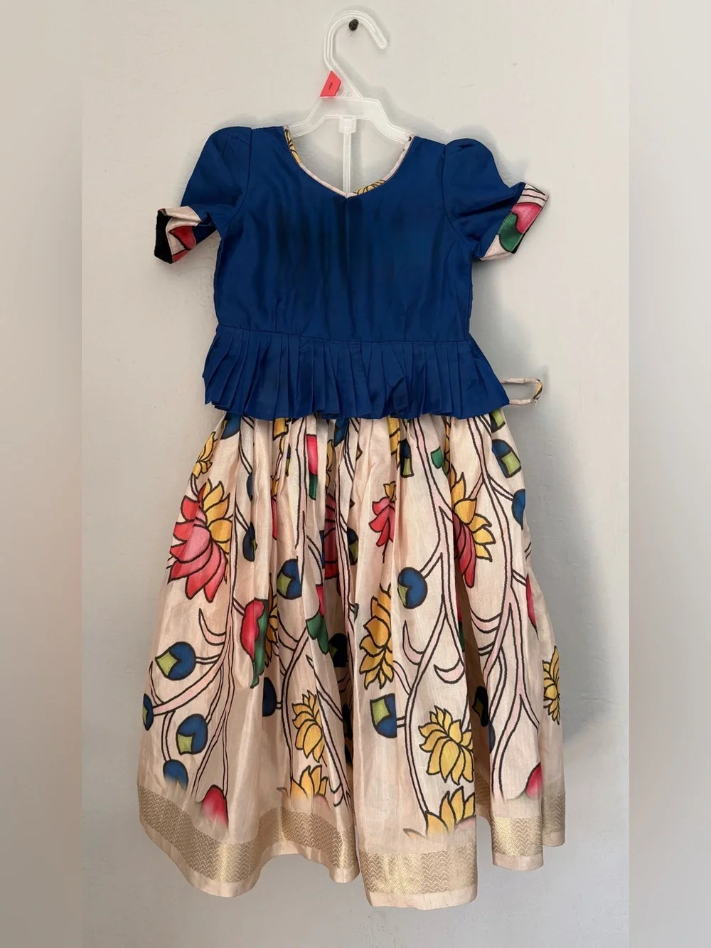 Blue Top with Floral Print Full Skirt Kids Dress